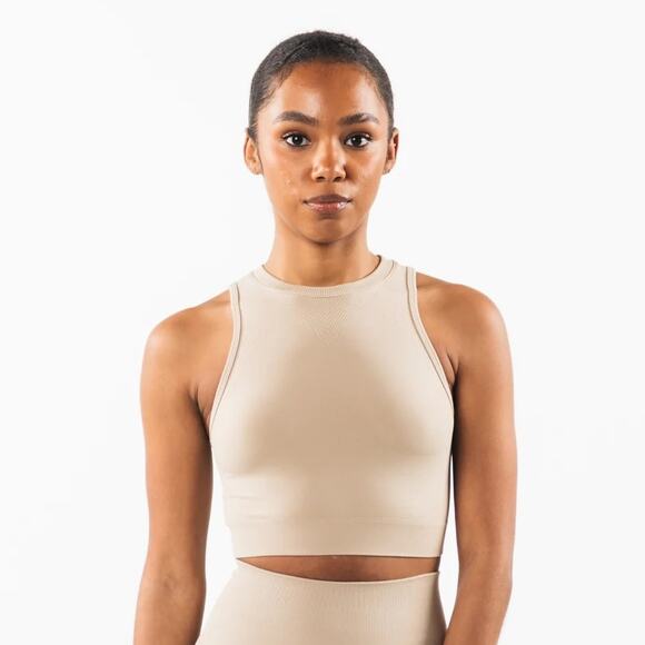[Alphalete] Tan Linen Seamless Stratus Crop Tank Top Crew Neck Workout Size XL - Picture 1 of 11